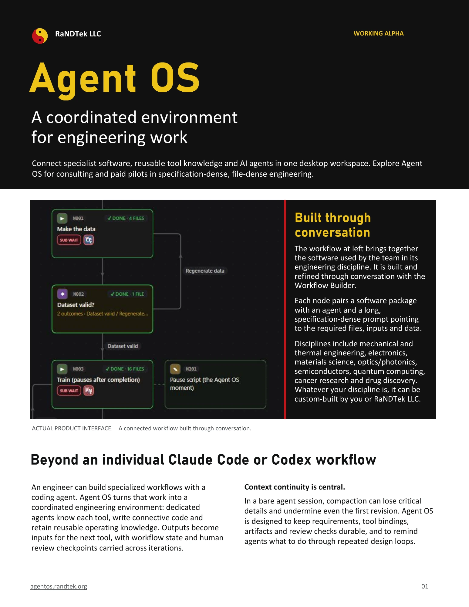 Agent OS: a coordinated environment for engineering work. Brochure page 1 shows the actual workflow interface, how workflows are built through conversation, and how Agent OS retains context across engineering iterations.